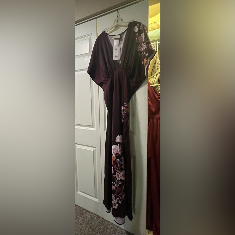 BHLDN Maroon Maxi Dress with Pink and Purple Floral Design